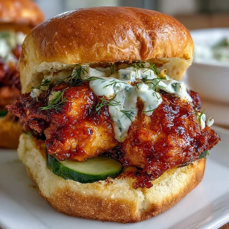Golden-brown Nashville hot chicken sliders piled high with dill pickle aioli and fresh pickle slices, perfect for parties.