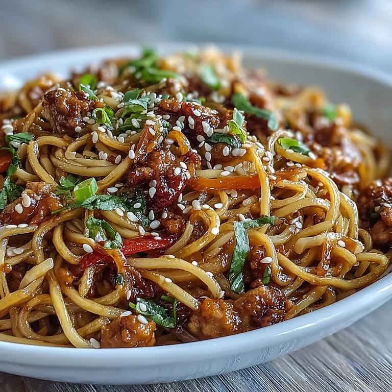 Flavorful Korean Turkey Fried Noodles loaded with shredded carrots, bell peppers, and Napa cabbage in a spicy sesame-gochujang sauce.  
