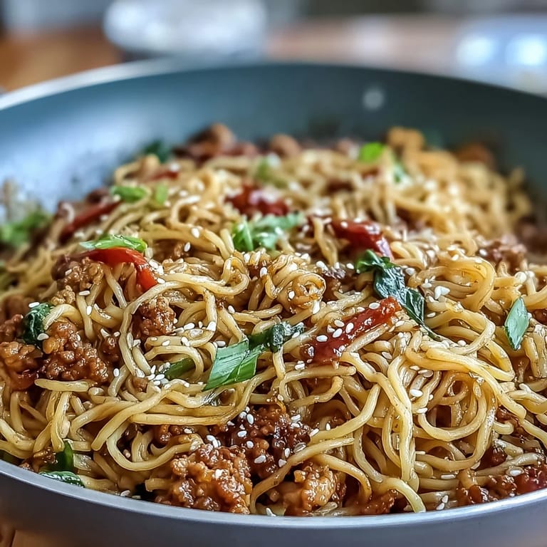 Quick and easy Korean Turkey Fried Noodles served hot with toasted sesame seeds and green onions for garnish.