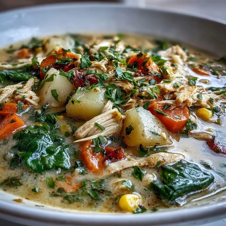 Ranch-seasoned chicken and vegetable chowder with hearty potatoes, corn, and herbs for a cozy meal.