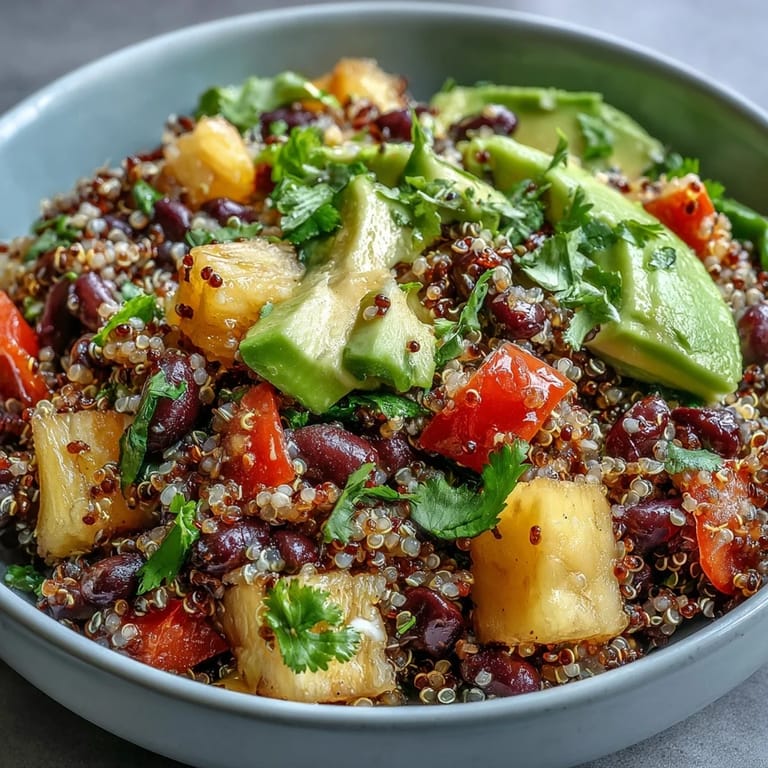 A refreshing bowl of Tropical Quinoa Salad with Pineapple and Black Beans, featuring juicy pineapple, crisp bell peppers, and creamy avocado in a zesty lime dressing.