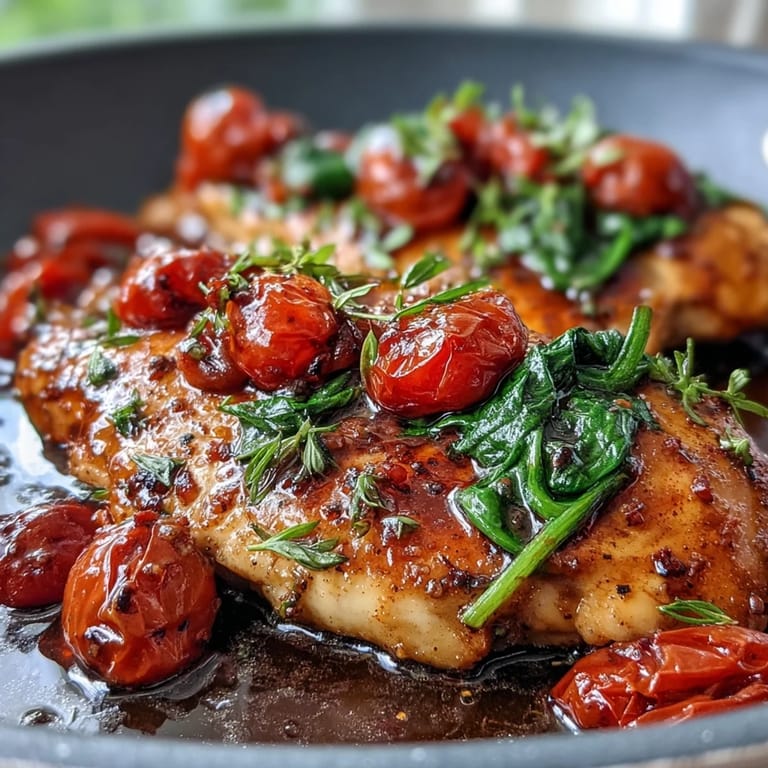 A close-up view of the prepared One-Pan Balsamic Chicken with wilted spinach and cherry tomatoes, highlighting the glossy reduction sauce.