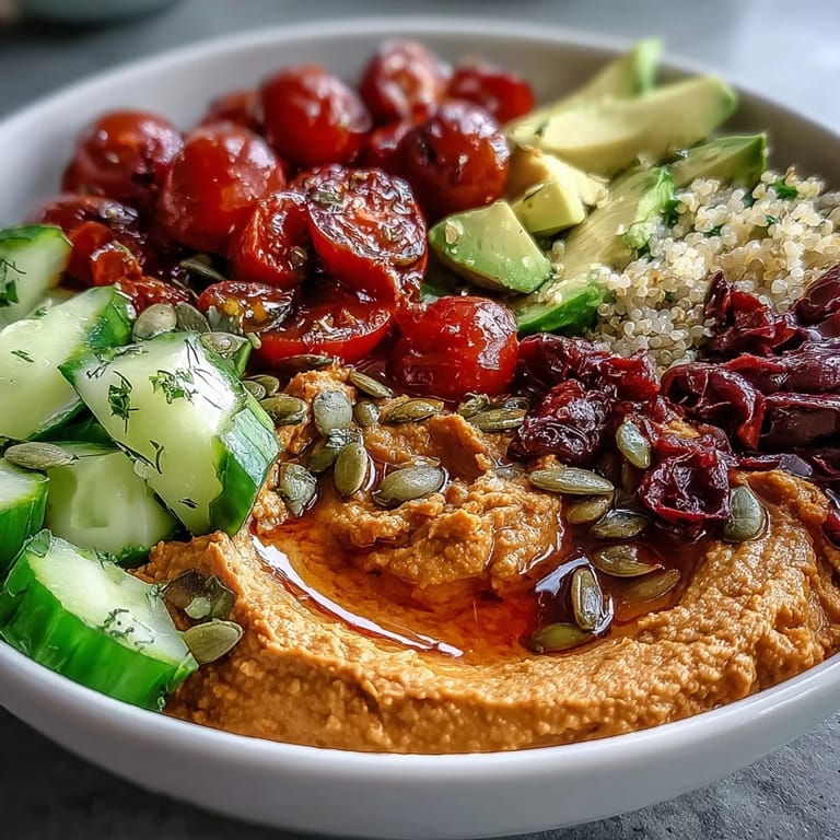 Colorful plant-based Buddha bowl featuring smoky roasted red pepper hummus, crisp cucumbers, juicy tomatoes, and crunchy pumpkin seeds over fluffy quinoa.
