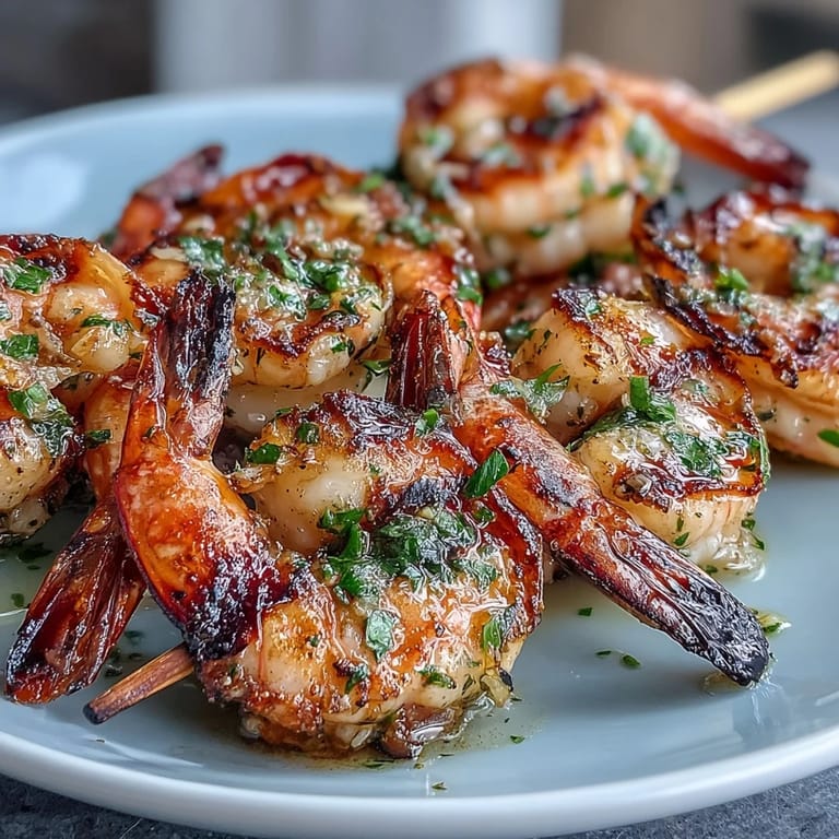 Bright lemon herb marinade coats tender grilled shrimp skewers, perfect for a light, flavorful summer meal.