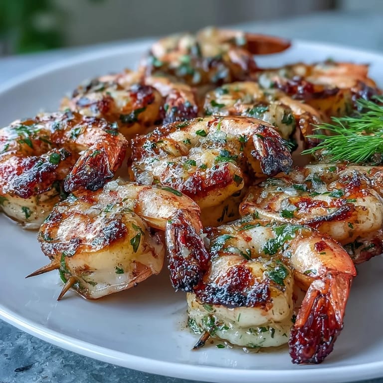 Citrusy lemon herb grilled shrimp skewers served hot off the grill with fresh herbs and lemon wedges.