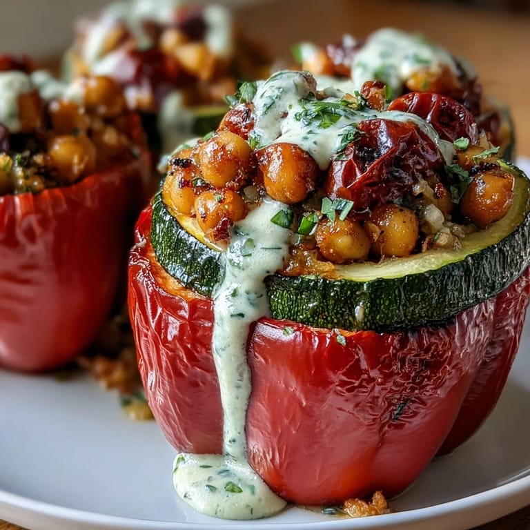 Colorful bell peppers packed with a savory chickpea and vegetable filling, topped with a tangy lemon tahini drizzle for a healthy vegan meal.  