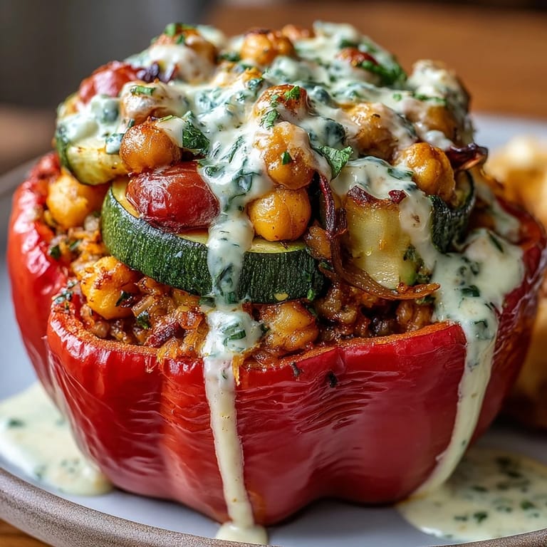 Roasted stuffed peppers bursting with Mediterranean flavors, featuring hearty chickpeas, fresh herbs, and a smooth lemon tahini sauce for a satisfying plant-based dinner.