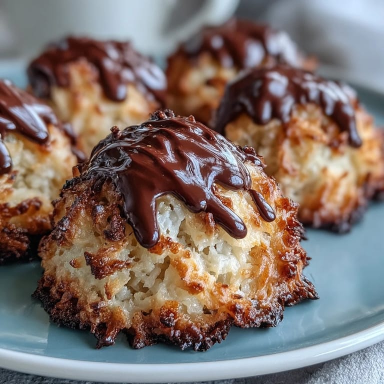 Golden-baked vegan coconut macaroons topped with glossy dark chocolate, ideal for a simple and indulgent treat.  