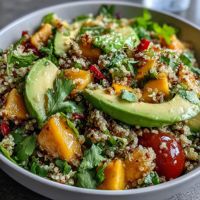 Refreshing tropical mango avocado quinoa salad with zesty lime dressing, garnished with cilantro and cherry tomatoes for a summer meal.