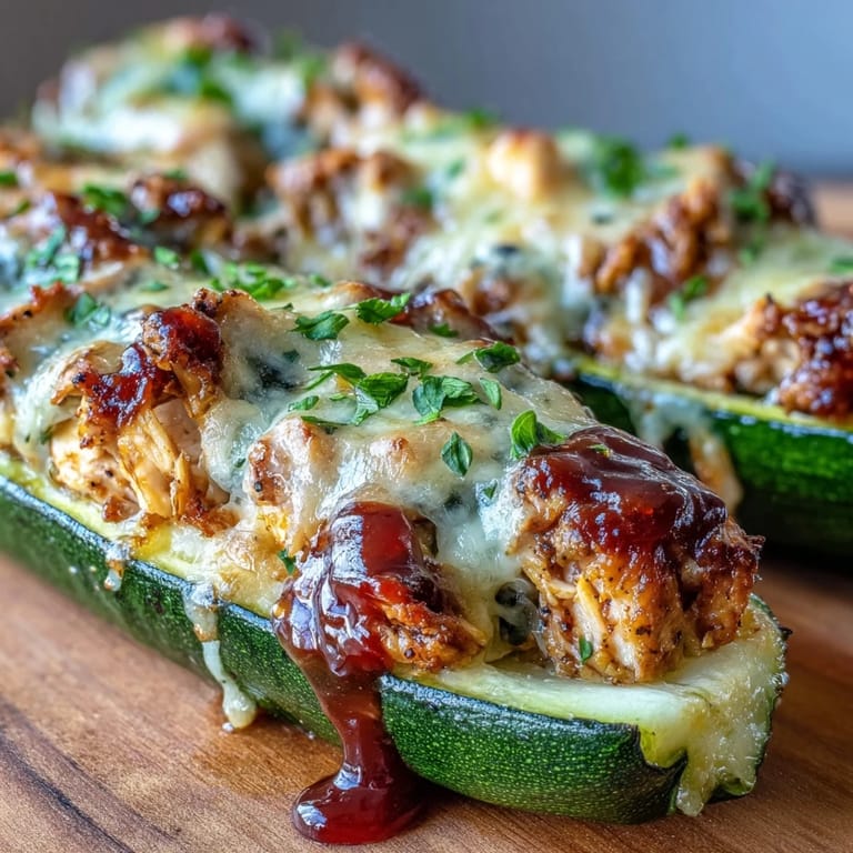 Light and tasty BBQ chicken stuffed zucchini boats, garnished with fresh cilantro for a fresh, vibrant, gluten-free meal.