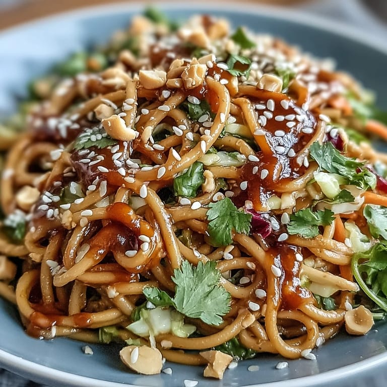 Nutty soba noodles tossed with crunchy slaw and spicy peanut dressing, garnished with roasted peanuts and sesame seeds.