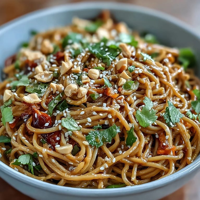 Vibrant Asian-inspired soba noodle salad topped with spicy peanut sauce, crisp vegetables, and fresh cilantro for a refreshing meal.  