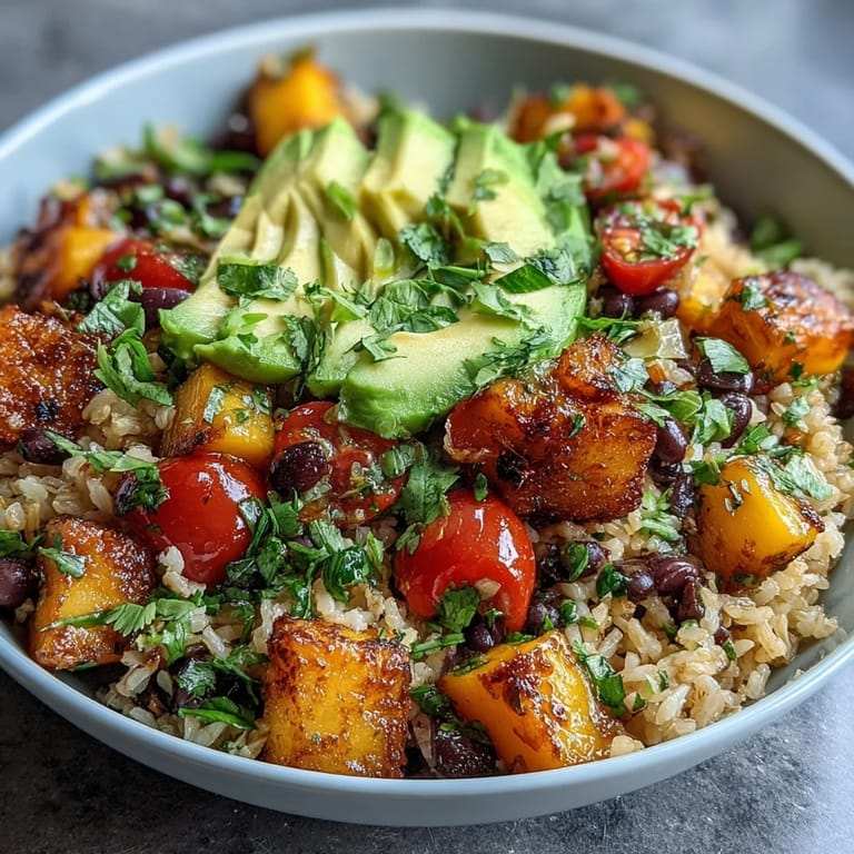 Hearty vegetarian fiesta bowl featuring nutty brown rice, juicy mango, black beans, and crisp veggies, topped with citrus dressing.