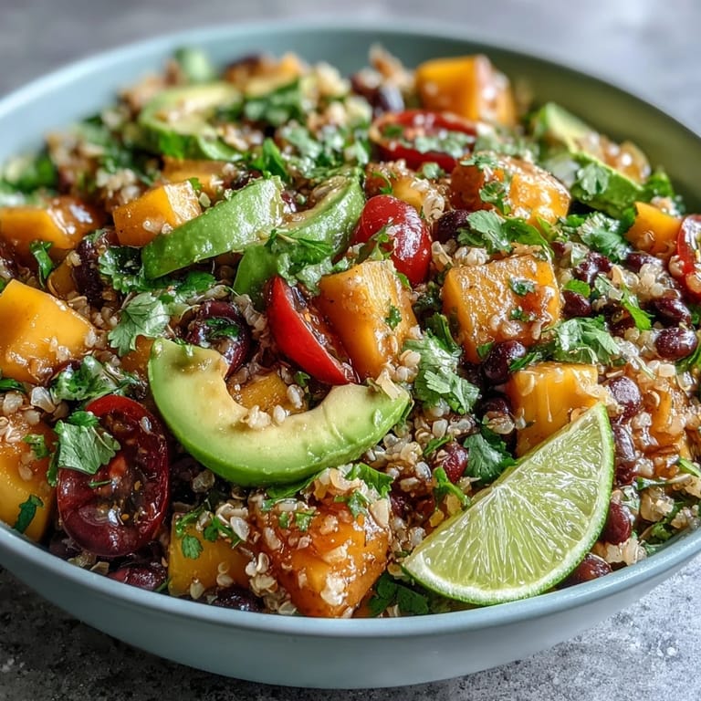 Colorful mango and black bean brown rice bowl with avocado, tomatoes, and lime dressing, perfect for healthy lunches.