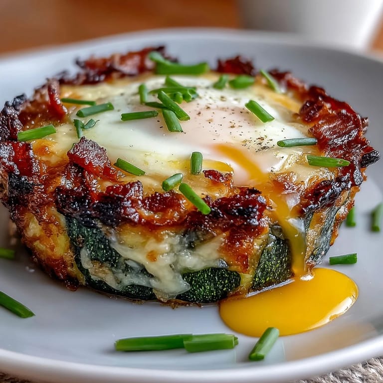 Golden zucchini nests baked to perfection, topped with crumbled bacon and perfectly cooked eggs, ideal for a keto-friendly brunch.