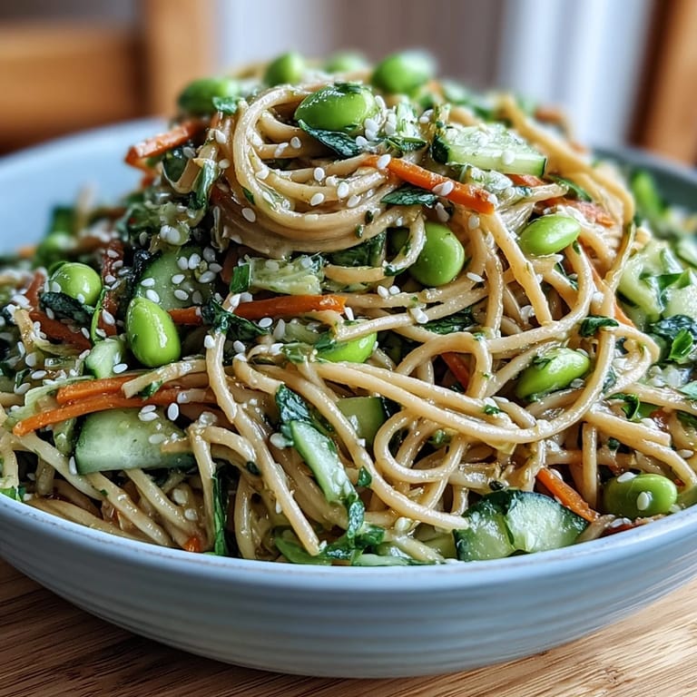 Refreshing Sesame Ginger Noodle Bowl topped with edamame, julienned vegetables, and toasted sesame seeds for a light meal.  