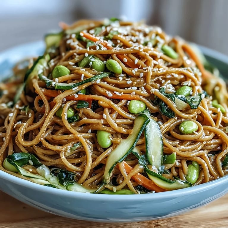 Creamy Sesame Ginger Noodle Bowl featuring soba noodles, fresh cucumber, and carrots, perfect for a healthy lunch or dinner.