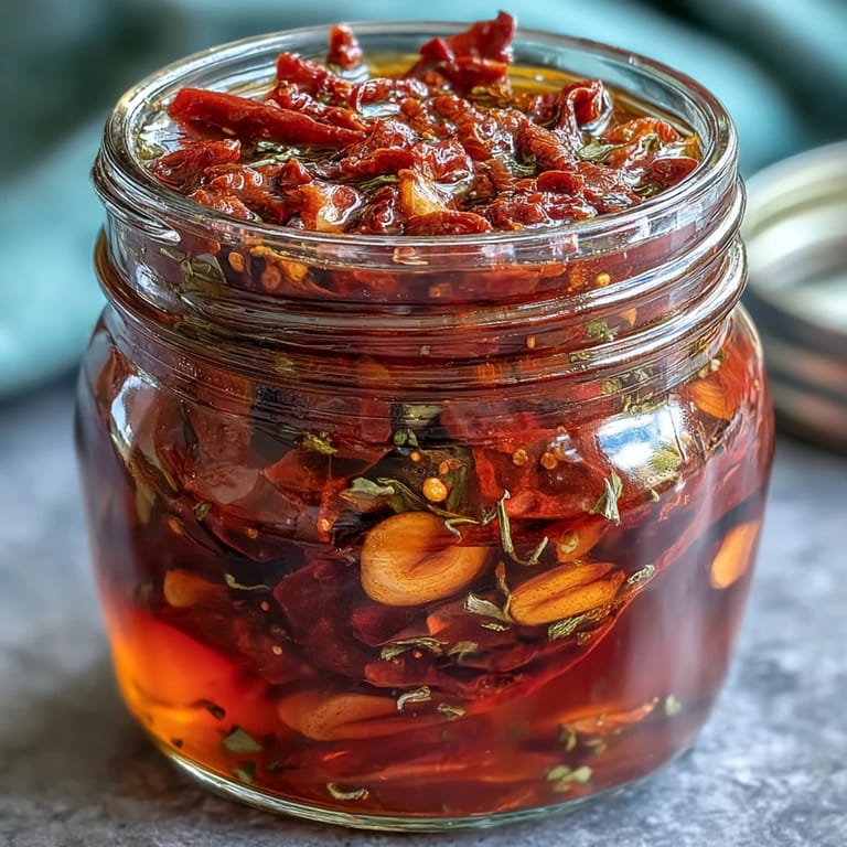 Fiery homemade Calabrian chili oil with crushed chilies and oregano, ideal for dipping bread or spicing up roasted dishes.