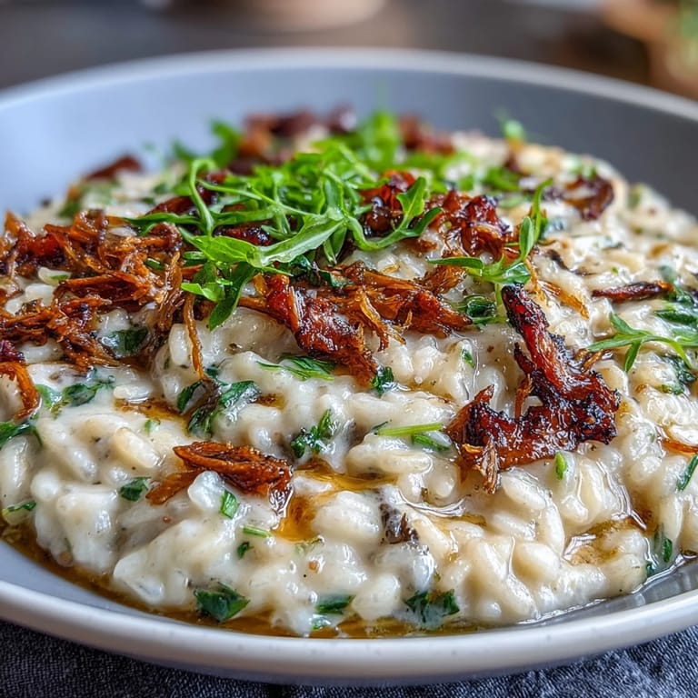 Luxurious Arborio rice infused with truffle oil, topped with crisp pea shoots for vibrant flavor.