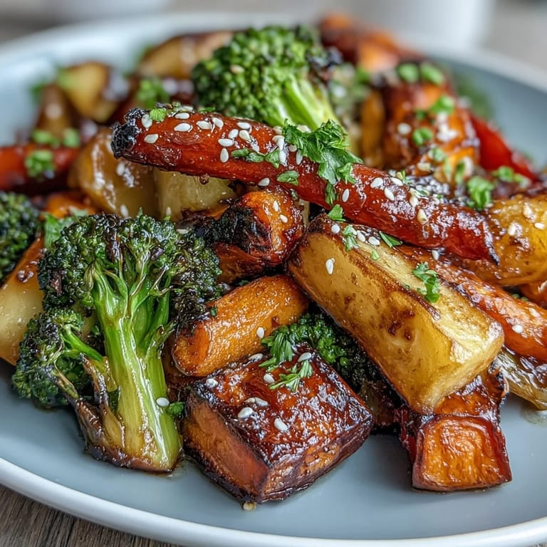 Miso-butter glazed vegetables roasted to perfection, delivering a balance of sweet, salty, and umami notes.