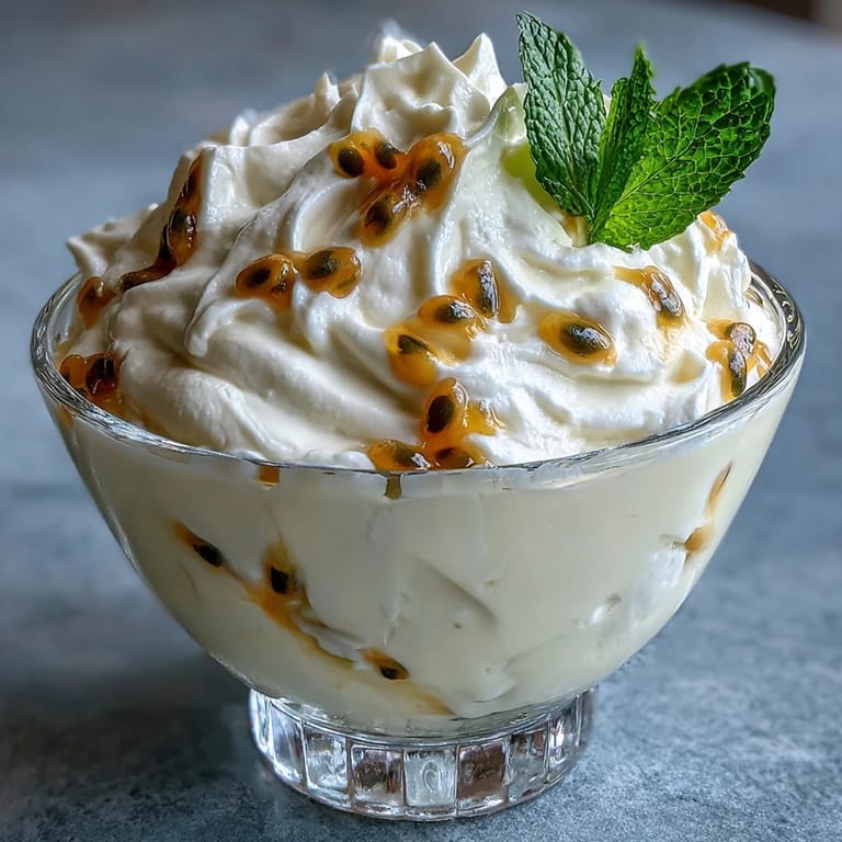 Airy passionfruit mousse with whipped cream and lemon, served in individual glasses for a refreshing tropical treat.