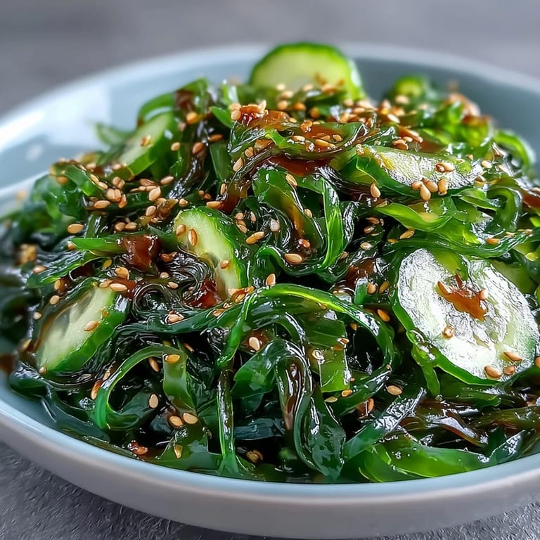 A vibrant seaweed salad with ponzu, crisp cucumber, and carrot, tossed in a zesty sesame-ginger dressing for a refreshing side.