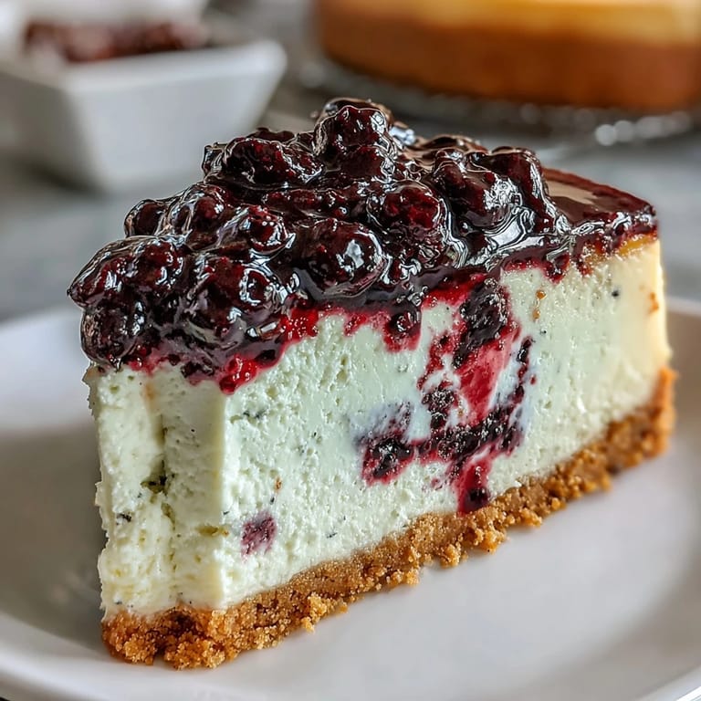 Silky cheesecake marbled with tangy black currant compote, offering a balanced blend of sweet and tart flavors.  