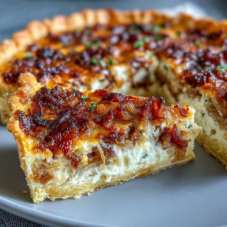A slice of caramelized onion and bacon quiche with a crisp golden top, served warm with a side salad for a satisfying meal.