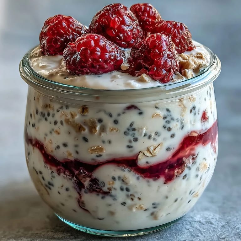 Creamy oats infused with vanilla and honey, topped with a thick layer of raspberry chia seed jam for a refreshing morning treat.