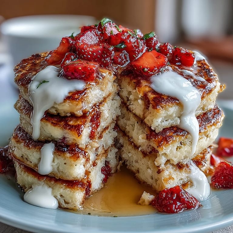 Golden-brown cottage cheese strawberry protein pancakes served with diced strawberries and a drizzle of honey.