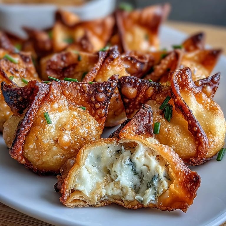 Golden-brown wontons with savory crab and cream cheese filling, perfectly crisp from air frying for a lighter appetizer.  