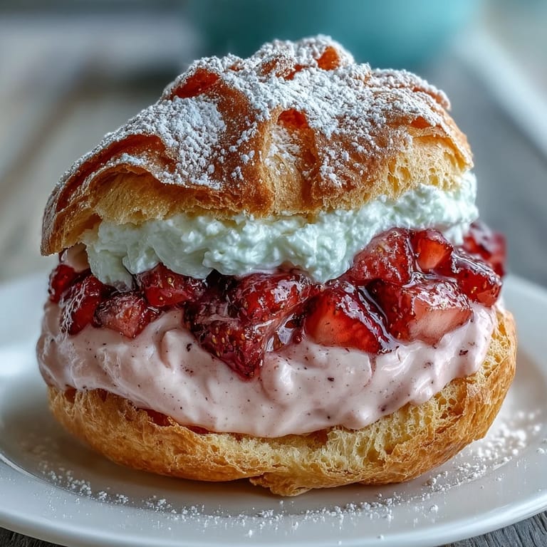 Golden cream puffs bursting with fresh strawberry cream filling, perfect for Valentine's Day or a sweet celebration treat.