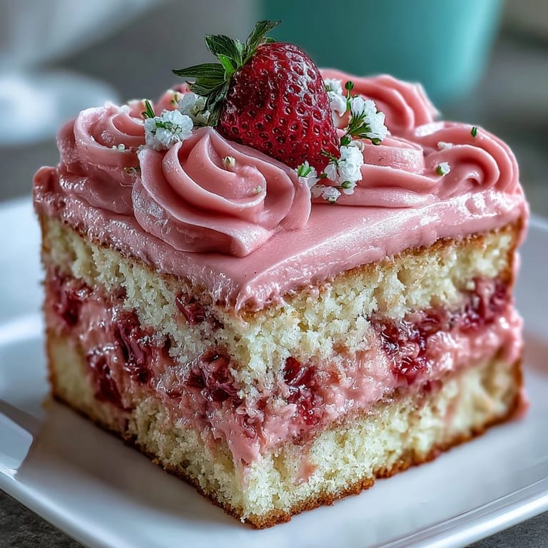 A close up view of a pink strawberry lemonade cake decorated with fresh lemon slices and halved strawberries.