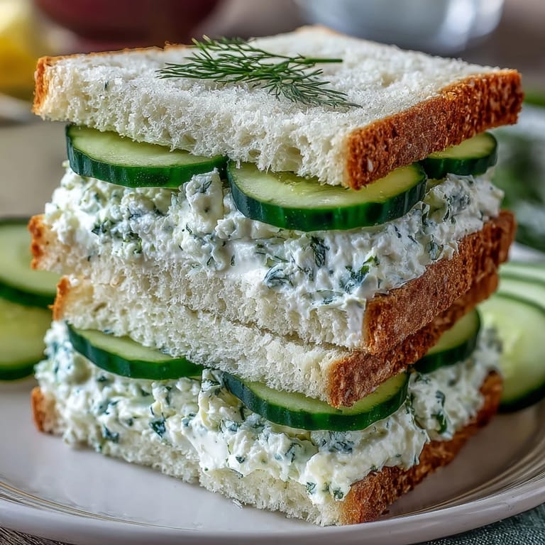Delicate finger sandwiches featuring crisp cucumber slices layered with fresh herbed cream cheese on soft white bread.  