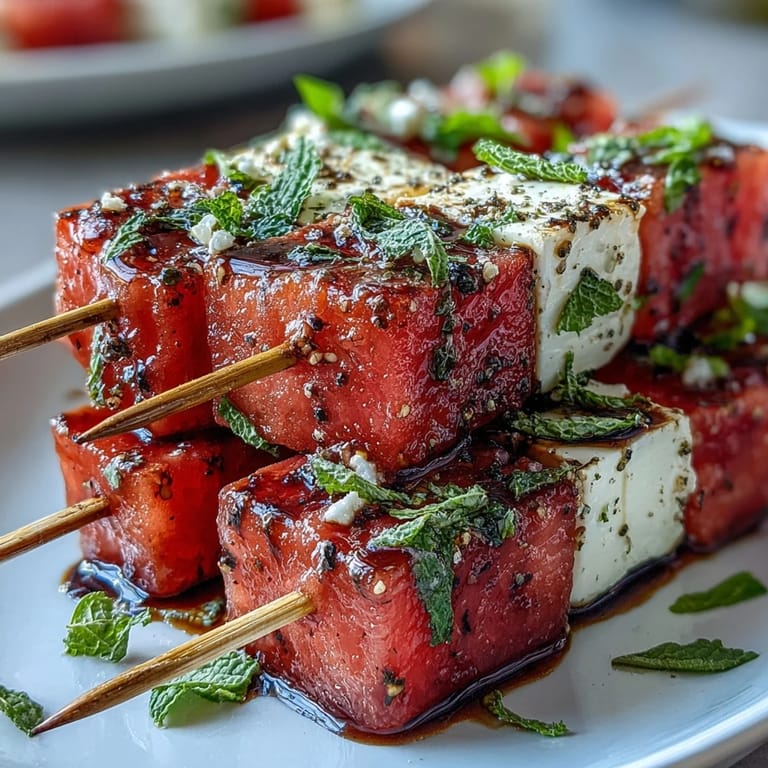 Juicy watermelon and creamy feta cubes on skewers, accented with mint and balsamic glaze for a sweet-savory treat.