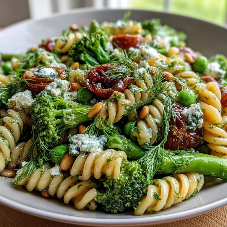 Vibrant garden pasta salad featuring crisp broccoli, sweet peas, and cherry tomatoes, dressed in a tangy lemon-Dijon vinaigrette.