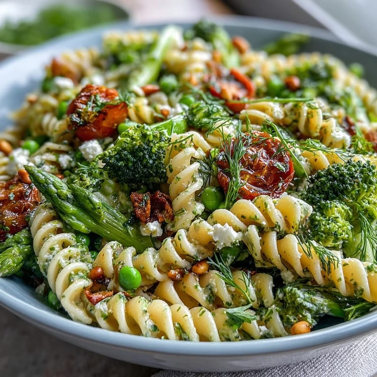 Colorful Spring Garden pasta salad with tender fusilli, fresh vegetables, and a bright herb dressing, perfect for picnics.