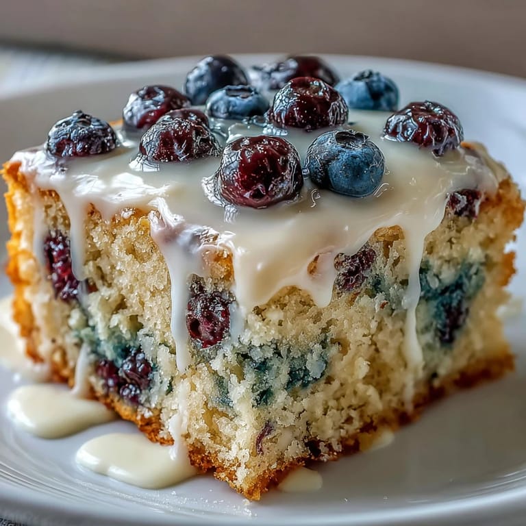 A moist lemon sheet cake bursting with fresh blueberries, drizzled with a sweet and tangy lemon glaze for a fruity treat.