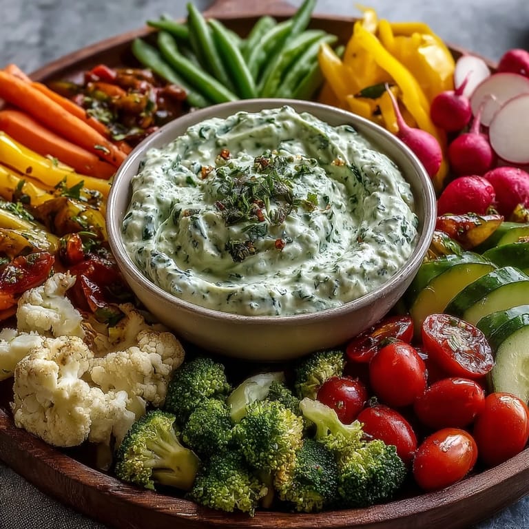 Crisp broccoli, cauliflower, and bell pepper arranged on a Little Sprout Veggie Platter alongside tangy Green Goddess dip for dipping.  
