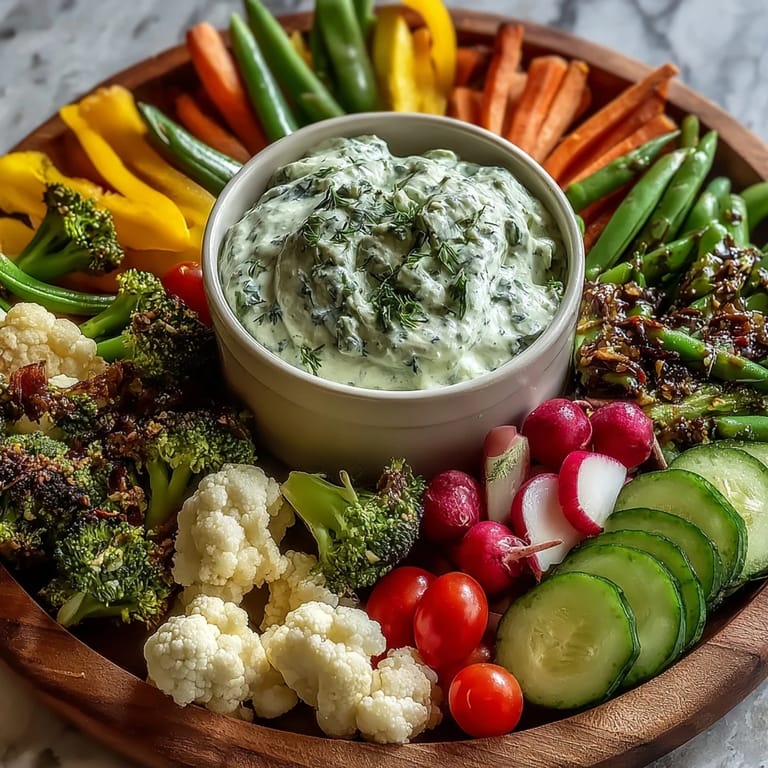 Kid-friendly Little Sprout Veggie Platter featuring cherry tomatoes, radishes, and broccoli with a vibrant, herby Green Goddess dip.