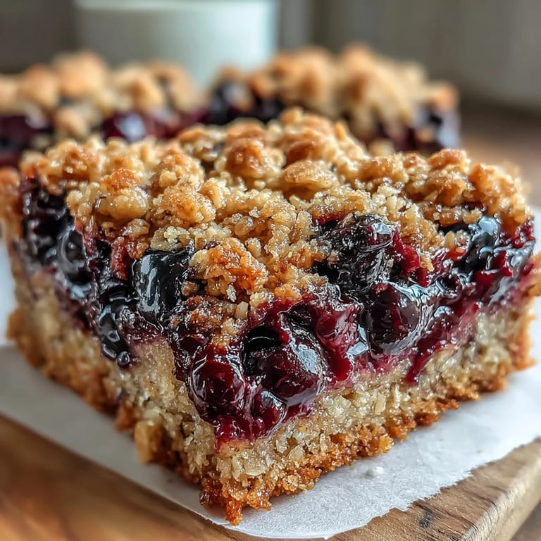 Wholesome blueberry oat breakfast bars with golden crumble topping, bursting with fresh berries and hearty oats for a satisfying start to the day.