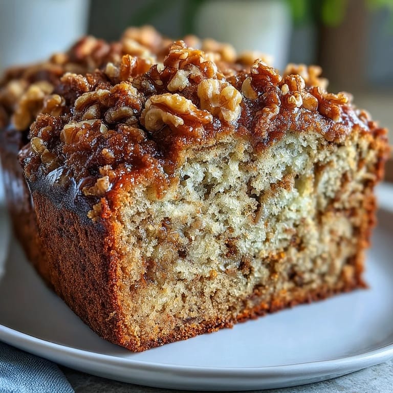 Warm slice of banana bread made with sourdough discard, toasted walnuts, and a sweet cinnamon-brown sugar topping, ideal for cozy mornings.  