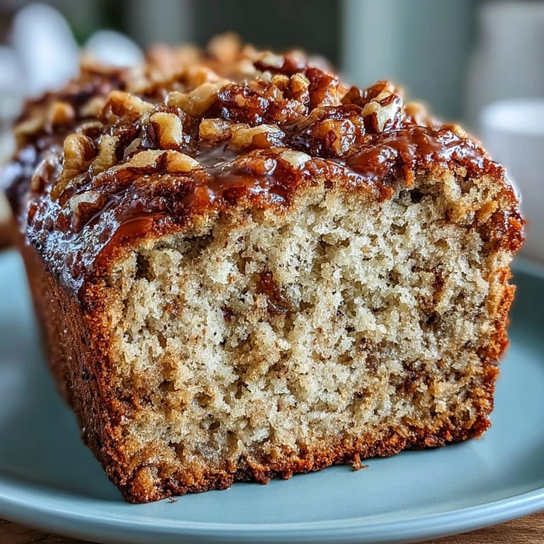 Golden brown banana nut bread loaf featuring sourdough discard, crunchy walnuts, and a caramelized brown sugar crust, ready to slice and serve.