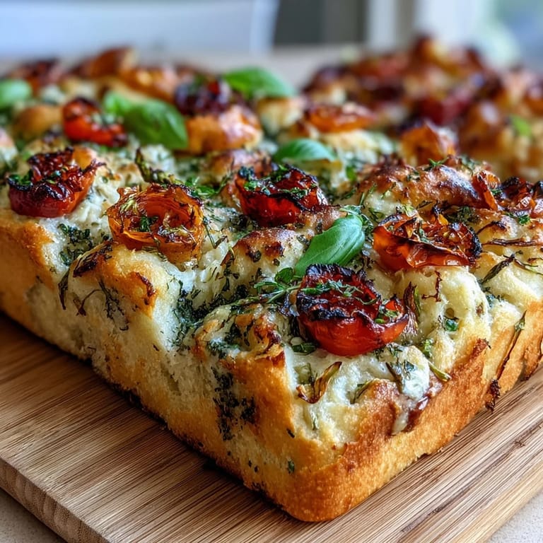 Herb-infused focaccia topped with bell pepper rings, zucchini slices, and cherry tomatoes arranged as floral art.
