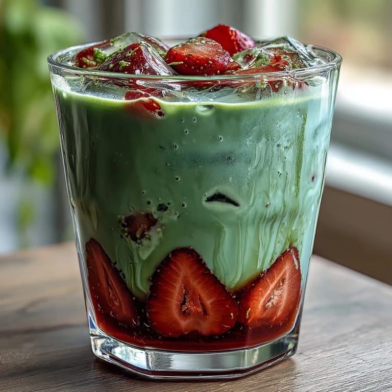 A close-up view of the layered iced strawberry matcha latte showing the pink, white, and green gradients clearly.