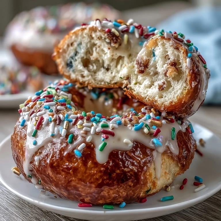 Vibrant rainbow sprinkle birthday cake protein bagels baked to golden perfection, offering a festive and protein-packed breakfast treat.