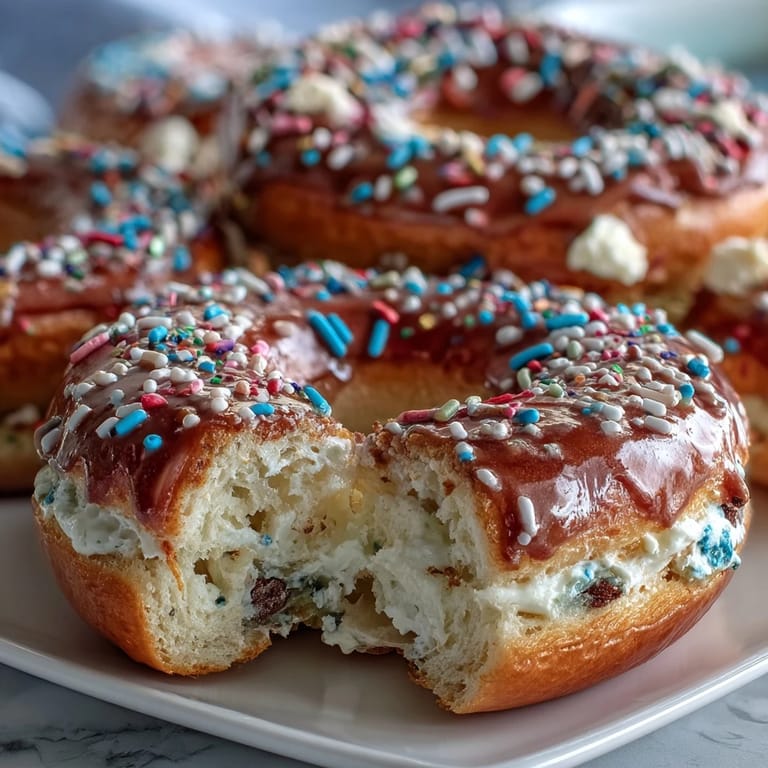 Homemade rainbow sprinkle birthday cake protein bagels with a light, fluffy texture and festive colors, perfect for a celebratory morning.