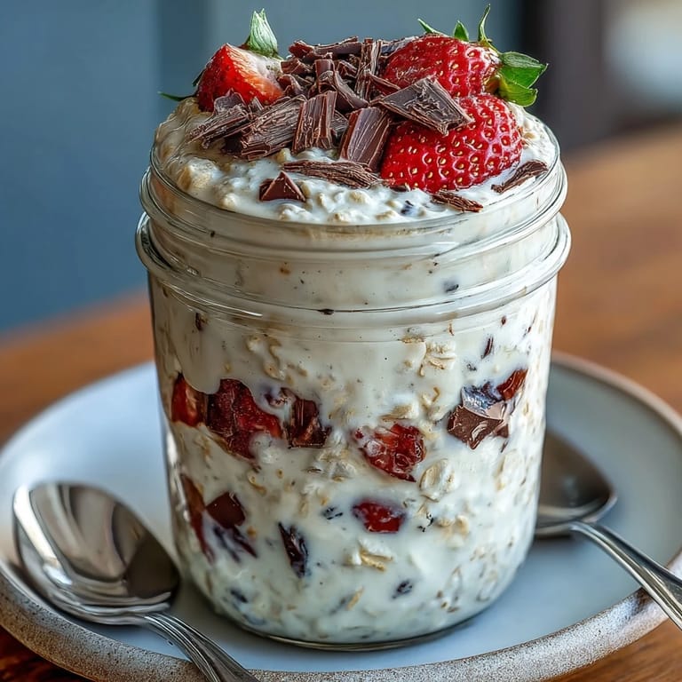 Decadent layered overnight oats with strawberries, dark chocolate chunks, and Greek yogurt for a healthy dessert.