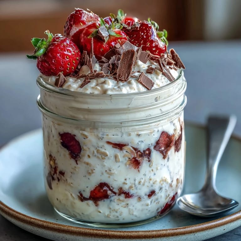 Luscious strawberry and chocolate chunk overnight oats dessert jar, perfect for a quick breakfast or sweet treat.