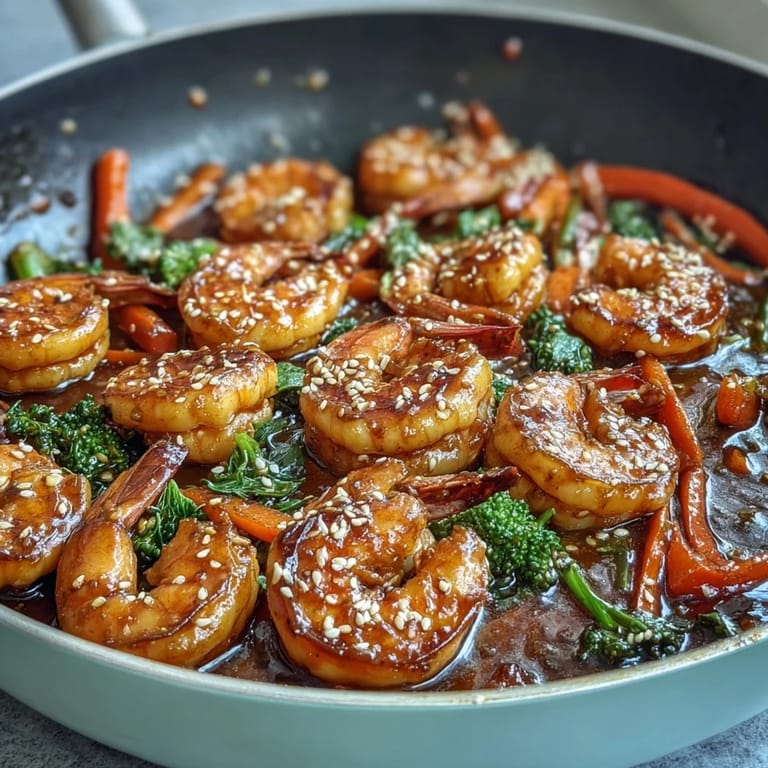 Juicy shrimp and fresh vegetables sizzling in a wok, coated with a glossy, aromatic Asian-inspired stir-fry sauce.